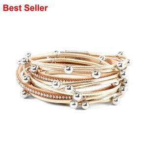 Leather Multi-Layer Pearl Crystal Wrap Bracelet